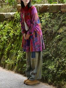 LUZU JUNU Women's Trench Coat Floral Print Long Cotton Linen Jacke Cottagecore Clothing Patchwork Outwear Bohemian Unique - 玫瑰夾克 - 查看 6