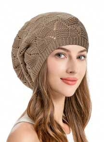 2Pcs/1pc Women's Fashion Hollow Knitted Leaf Flower Beret Casual Daily Beret Solid Color Fashion Versatile Hat Slack, Suitable For Daily Life And Travel