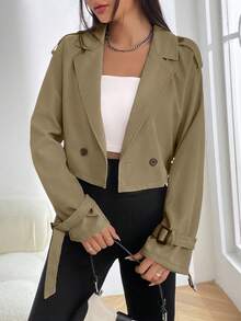 Chaqueta de mujer elegante y casual estilo motocicleta, abotonada de doble botonadura, con solapa grande, puños ajustables y manga larga