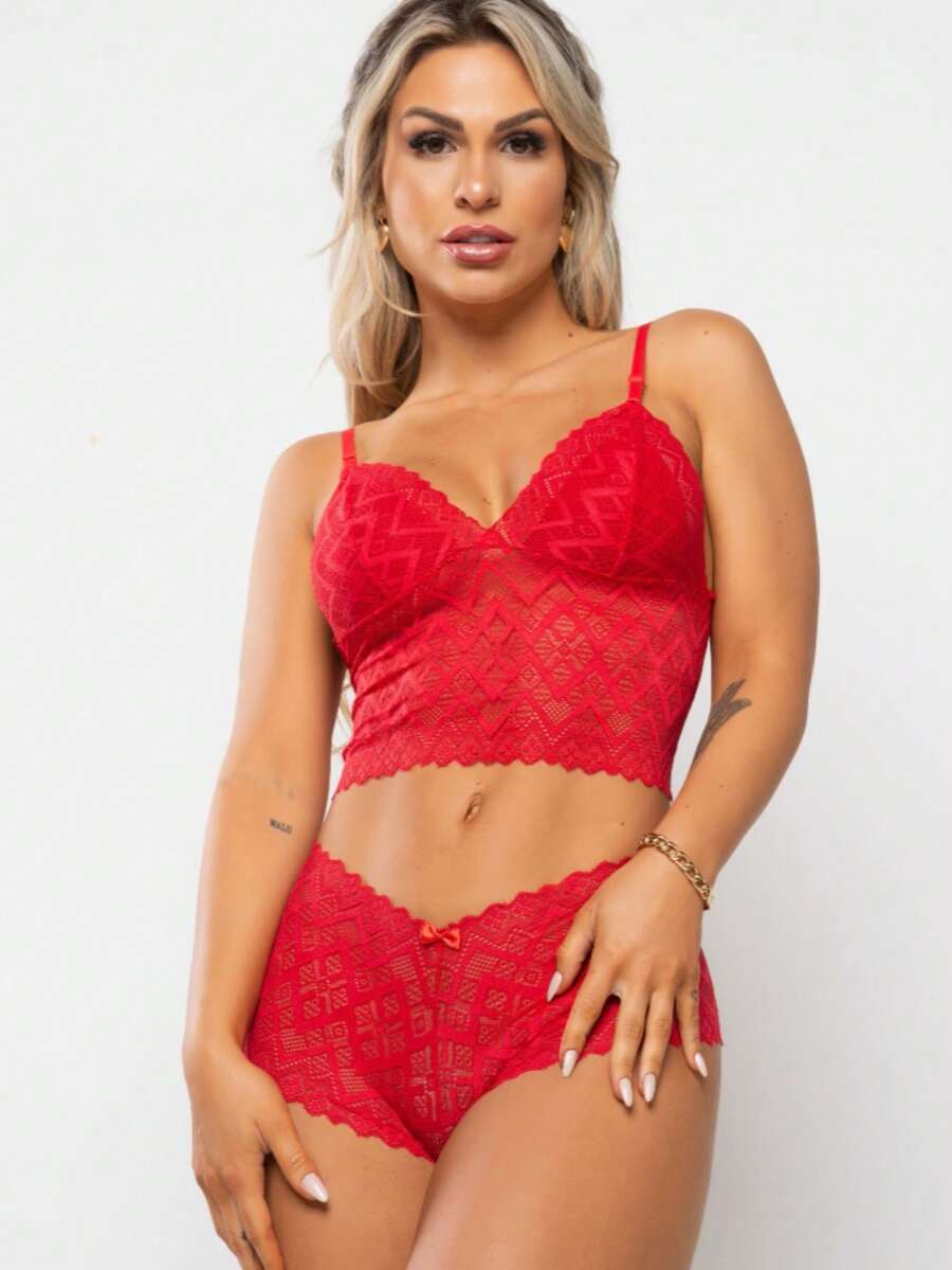Golden Modas Lace Lingerie Waiting Husband Set With Lining Women's Sexy Adult Briefs Intimate Fashion - 紅色 - 查看 1