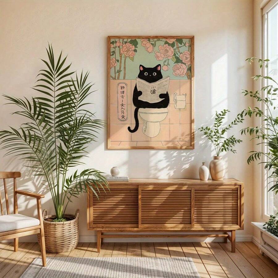 1 pièce Affiche murale d'art avec chat noir japonais drôle sur les toilettes - Impression moderne de salle de bain avec roses roses et verdure, décoration sur canevas sans cadre pour le salon, la chambre à coucher, la salle de bain - Cadeau unique pour les amateurs de chats, pendaison de crémaillère, décoration de salle de bain, accent artistique pour la maison
