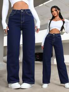 Jeans Wide Leg de Mezclilla Azul Oscuro para Mujer Corte Moderno y Atemporal para Looks Versátiles - Azul H2CZA10 - Ver 2
