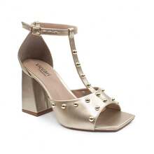 Women's Sandal With 9cm Block Heel, Elegant Square Toe, Metallic Spikes, Comfortable, Modern - Gold - View 2