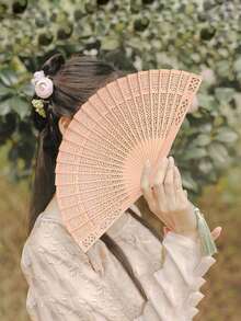 Japanese Folding Hand Fan, Sensu Style Bamboo Fan With Vintage Pattern & Tassel, Portable Handheld Fan For Wedding Favors, Summer Cooling, Photo Props, Traditional Ceremony Gift. 1-Piece - 杏色 - 查看 5