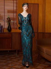 1920 年代复古飞来波女郎盖茨比派对长裙加大码亮片串珠深橄榄绿色舞会礼服，适合派对、婚礼、圣诞节、万圣节 - 綠色 - 查看 3