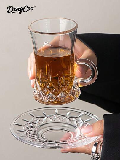 Dengcoo 1 buc ceașcă de ceai turcească, farfurie de ceai, ceașcă Cawa, ceașcă de ceai arabă, ceașcă de cafea, ceașcă de apă europeană/orientală, ceașcă de ceai negru tradițională din sticlă din Orientul Mijlociu, perfectă pentru petrecerea cu ceai, cadouri, acasă