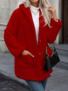 Long Solid Color Diamond Pattern Front Button Pocket Hooded Cardigan, Everyday Winter - Red - View 4