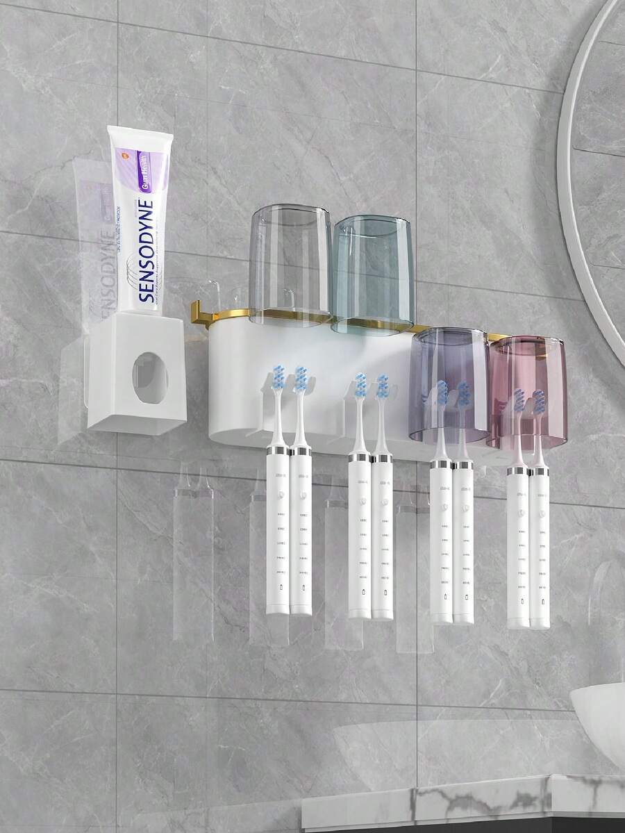 Soporte de pared para cepillo de dientes, sin necesidad de perforar, soporte para taza de enjuague y cepillo de dientes eléctrico para baño