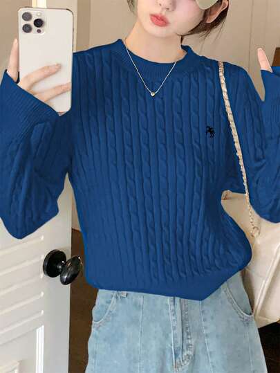 韩版优雅纹理圆领女式长袖刺绣套头毛衣