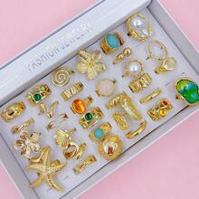 20pcs/Pack Luxury Faux Pearl Inlaid Alloy Women's Ring Set, Elegant Exaggerated Flower & Starfish Mixed Styles, Multi-Piece Open Adjustable Rings For Party, Wedding, Daily Wear, Fashion Jewelry Gift, Random Assortment