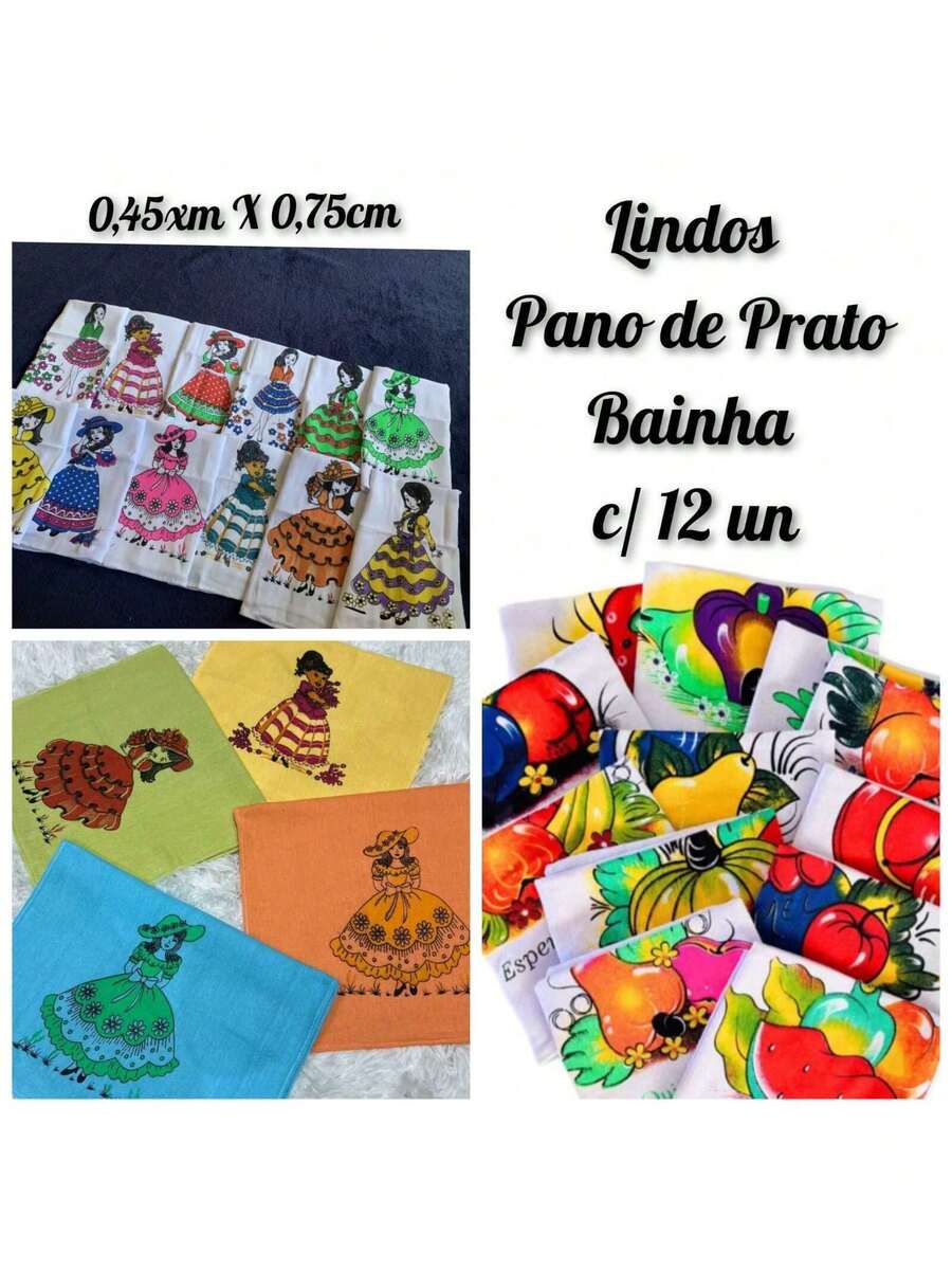 Kit com 24 Panos de Prato Bainha Guardanapo Estampado 0,45cm x 0,75cm 100% Algodão - Multicolorido - Visão 1
