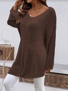 大码纯色圆领休闲宽松侧开衩不对称下摆针织套头毛衣 春季 - 咖啡棕 - 查看 5