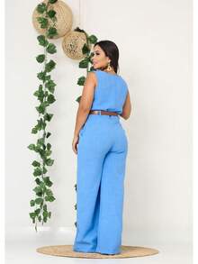 Women's Set Tank Top And Pants Tailored Simple Elegant Casual With Belt Pocket - 淺藍色 - 查看 4