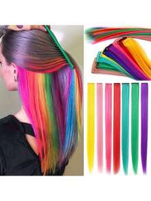 7 件彩虹长直合成假发彩色夹式接发适合女孩女士派对礼品亮点彩色发饰
