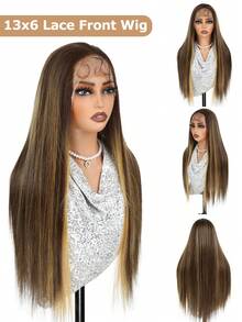 Free Part 13*6 Lace Front Wigs 28 Inches Black Brown Blonde Dark BrownStraight Hair With Natural Curls At The End Hair Glueless Lace Wigs Silky Synthetic Long Silk Straight Natural Wig Heat Resistant Fiber Wig With Baby Hair For Women,Pre-Plucked With Adjustable Straps For Daily Wear Christmas Halloween - Multicolor - View 6