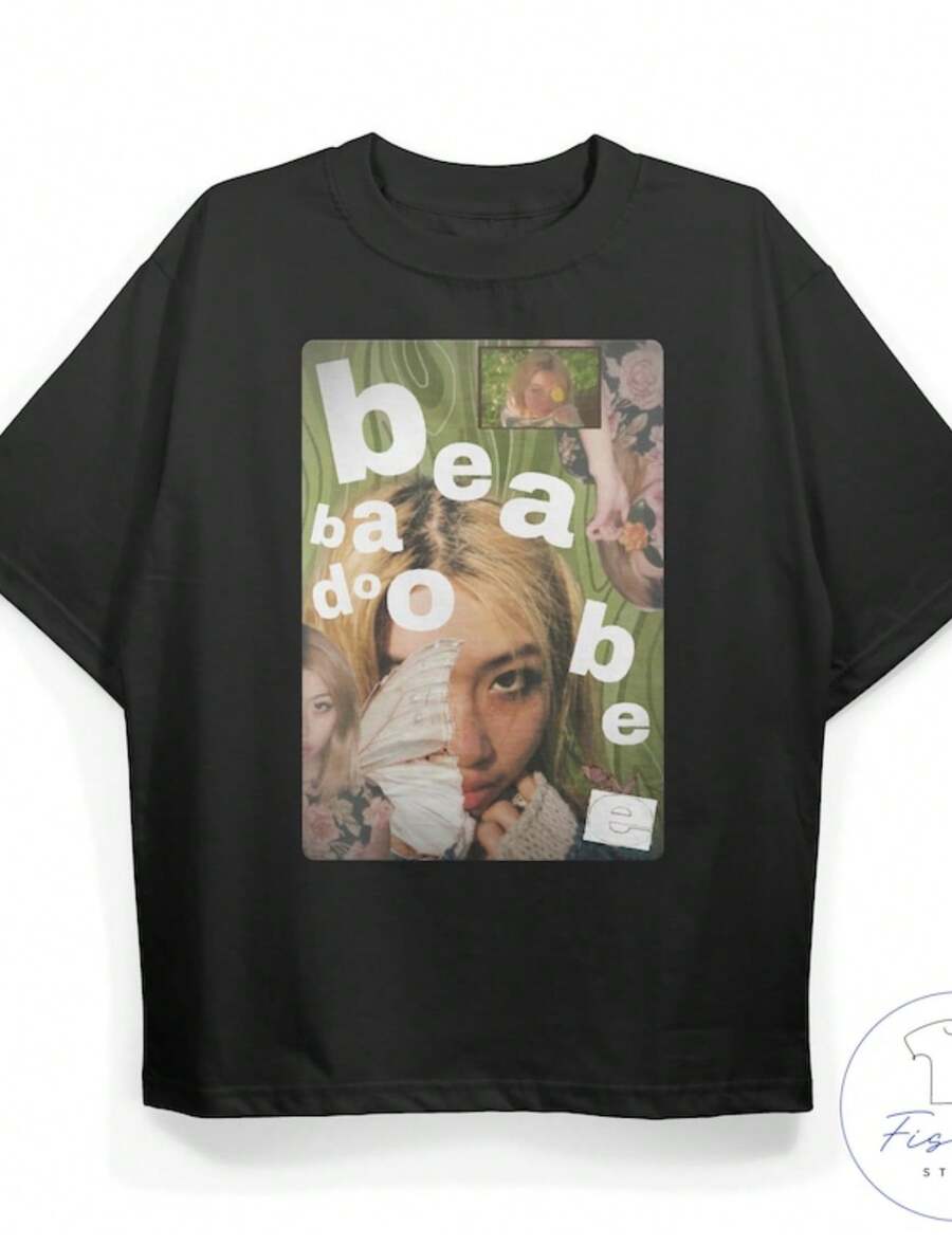 Beabadoobee Collage Typography Crew Neck T-Shirt Cropped Design Short Sleeve Y2k Casual Wear Tops Plus Size Clothes Suitable For All Seasons Machine Wash For Business Casual And Daily Wear - 黑色 - 查看 1