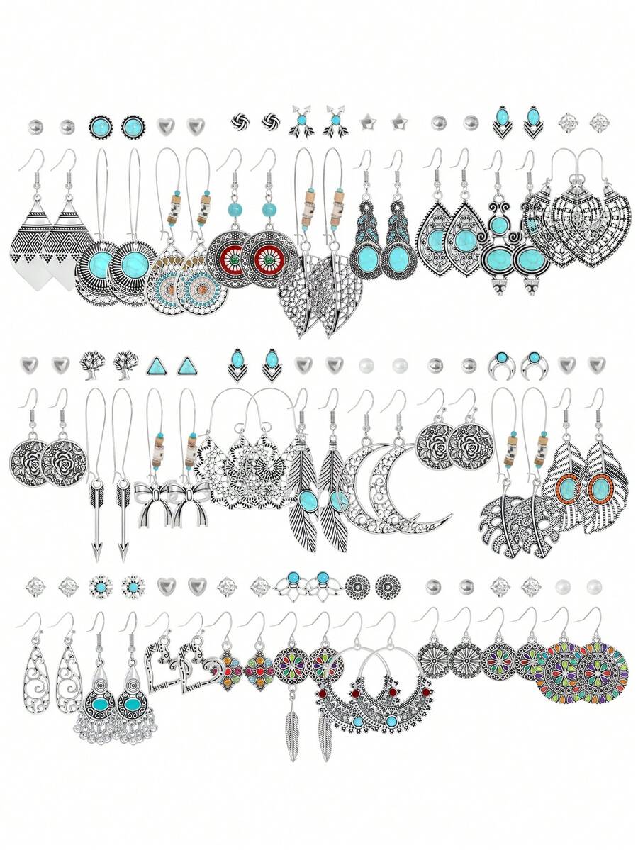 TopHanqi Bộ 54/24/6 khuyên tai tông bạc Bohemian cổ điển dành cho nữ, khuyên tai dạng đinh tán rỗng hình học bằng hợp kim kẽm, đa năng để đeo hàng ngày, dự tiệc, đi làm, mọi mùa - Màu Bạc Cổ - Xem 1