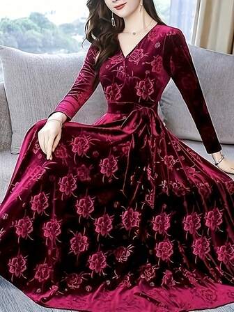 Women's Red Embossed Velvet Long Dress: V-Neck, Long Sleeves, Tie Design, Showcasing Elegant Banquet And Party Charm