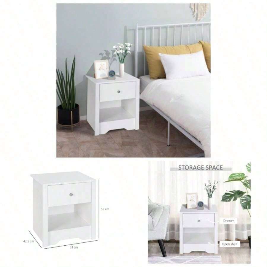 Modern Bedside Table, Nightstand With Drawer Shelf, End Table Living Room, Bedroom White - White + Aluminium Alloy - View 1