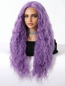 Parrucca sintetica ondulata lunga e riccia, con riga centrale, senza frangia, adatta per Ognissanti, Natale, festival, cappello verde, parrucca multicolore viola