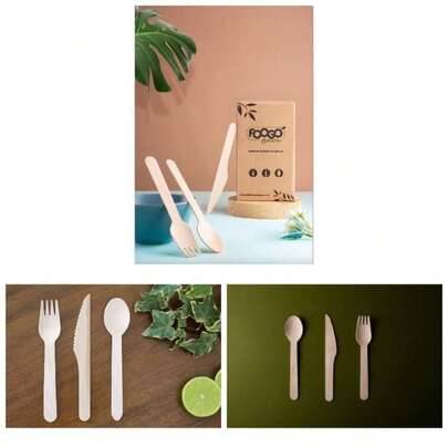 150pcs Disposable Wooden Cutlery Set, FSC Certified, 50x Forks 50x Spoons 50x Knives, 16cm, - Friendly, Compostable, Party Picnic, Like