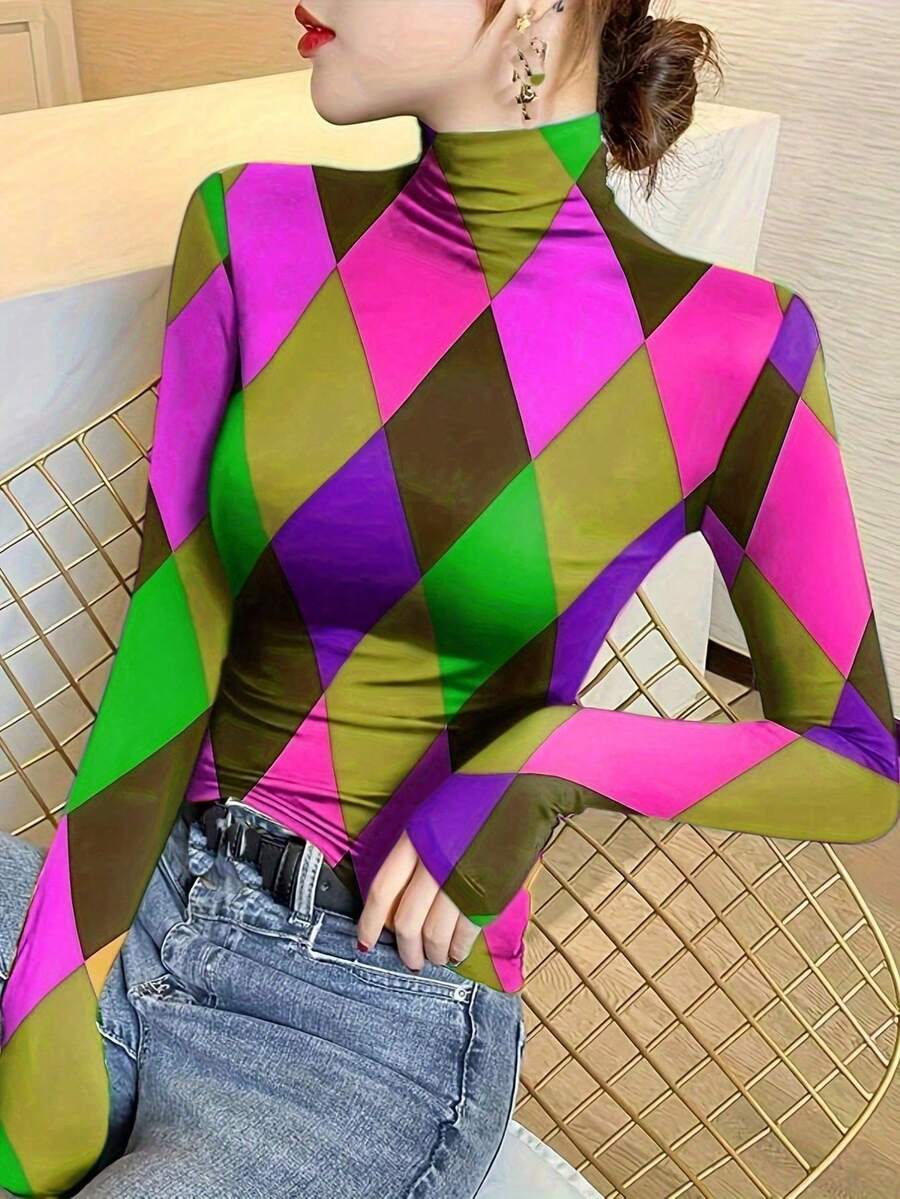2024 New Spring/Autumn Women Printed Long Sleeve T-Shirt, Slim Fit Mock Neck Casual Undershirt - Multicolor - View 1