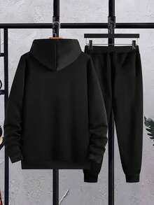 Ciepły, gruby zestaw odzieży sportowej z nadrukowanym logo marki, zawierający bluzę z kapturem i ściągaczem oraz spodnie dresowe ze ściągaczem, odpowiedni do uprawiania sportu rekreacyjnego, aktywności na ulicy, fitnessu, biegania na świeżym powietrzu i codziennego noszenia w domu, odpowiedni dla mężczyzn, można go również nosić jako strój dla par - Czarne - Zobacz 6