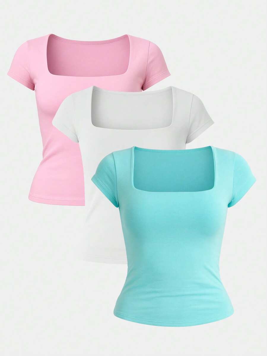 Kit 3 Women's Short Sleeve Suplex Blouse Cold Mesh Basic Blouse - Aqua Green, White and Pink Danone - View 1