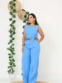 Women's Set Tank Top And Pants Tailored Simple Elegant Casual With Belt Pocket - 淺藍色 - 查看 1