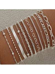 11pcs/Set Minimalist Heart Beads & Snake Chain Bracelet Set, Women Date Holiday Daily Accessory Gift