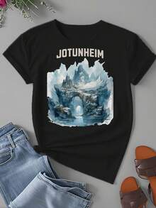 Women's Plus-Size Frozen Jotunheim Mountain Peaks Norse Mythology Fantasy Landscape T-Shirt, Casual And Fashionable, Loose And Comfortable - màu đen - Xem 2