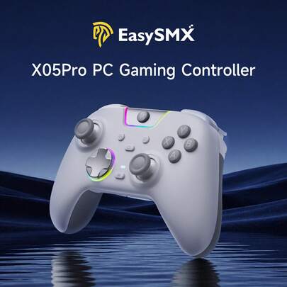 EasySMX X05 Pro Controlador de juego inalámbrico, Controlador de PC, Botones silenciosos/Gatillos de doble etapa/D-Pad de 8 vías/Agarre de goma suave/Joystick de efecto Hall/Iluminación RGB/Botones programables/Batería grande de 1000mAh/Conexión de varios modos Switch. Compatible con PC/Switch/Móvil/Steam/TV, Motores de vibración dual, Gatillos de pulso.
