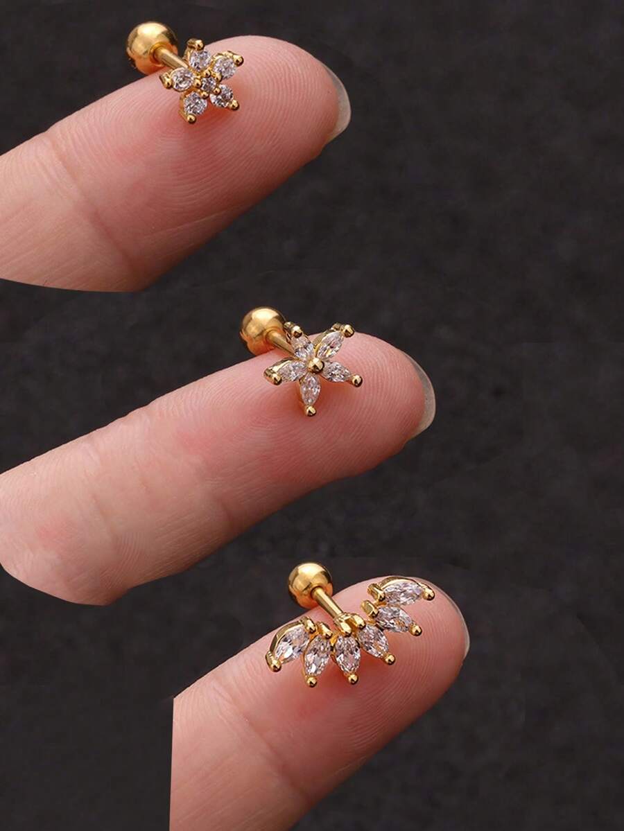 3pcs 14K Gold Plated Stainless Steel Cubic Zirconia Flower Cartilage Earrings, Suitable For Ear Helix, Tragus, Conch, Round CZ Piercing Jewelry - Gold-1# - View 1