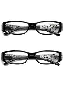 2pcs Rectangle Diamond Decorated Pattern Fashion Glasses, Suitable For Work, Computer Use & Daily Wear - 黑+黑 - 查看 8