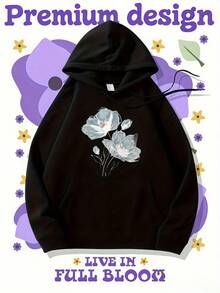 1pc Blue Floral Graphic Hoodie, 100% Polyester Fabric, Delicate Illustration Detail, Elegant Style Top, Great For Casual Gatherings, Spring Outings, Ideal For Warm - Season Wear - Đen 6 - Xem 1