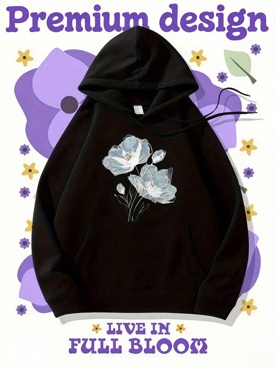 1pc Blue Floral Graphic Hoodie, 100% Polyester Fabric, Delicate Illustration Detail, Elegant Style Top, Great For Casual Gatherings, Spring Outings, Ideal For Warm - Season Wear - Đen 6 - Xem 1