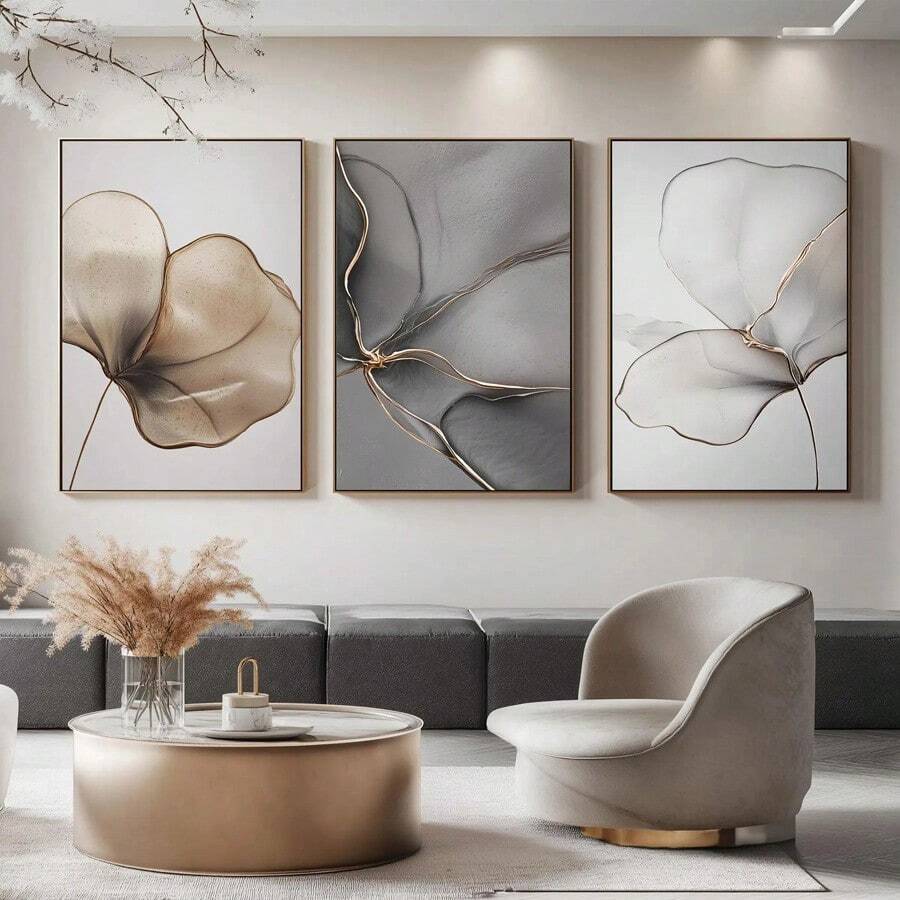 Conjunto de 3 peças de arte de parede elegante com estampa floral abstrata em tela – bege, cinza e dourado – pôsteres minimalistas botânicos modernos, quadros, pintura em tela, presente ideal para decoração de sala de estar, decoração de casa, decoração de banheiro, itens diversos, sem moldura, 50x70cm/19,68x27,55 polegadas