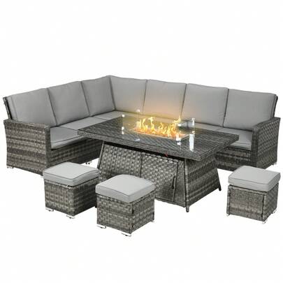  Outsunny 7 Pieces PE Rattan Garden Furniture Set, 50,000 BTU Gas Fire Pit Table, Double Corner Sofa And 3 Footstools, 6 Seater Furniture Sofa Sets With Cushions For Conservatory, Grey