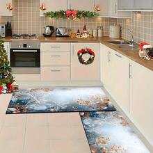 1 pieza Alfombra de gel de sílice con estampado de copos de nieve navideños, alfombra rectangular para sala de estar, dormitorio, pasillo, baño, lavandería - Poliéster, apta para decoración interior y exterior del hogar, se puede usar como regalo y decoración navideña