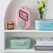 40.5 Oz.Large Salad Bowl,1 Adult Bento Box, Salad Container, Large Salad Bowl, Bento-Style Tray For Toppings, 3 Oz. Sauce Container For Dressing, With Reusable Fork And Knife,Back To School - 便當 - 查看 5