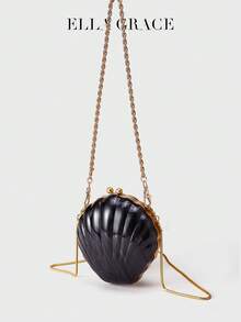 ELLA GRACE - 贝壳形亚克力手拿包，配复古球形扣和可拆卸金色链条肩带，优雅晚宴包，适合女士、婚礼和宴会 - 黑色 - 查看 7
