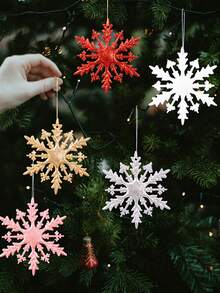 6件套圣诞节雪花装饰吊坠，五种颜色可选：红色、金色、灰色、粉色和白色。圣诞树吊坠，适用于圣诞装饰、圣诞树摆设、圣诞礼物、客厅、卧室、书房装饰以及节日送礼。 - 彩色 - 查看 7