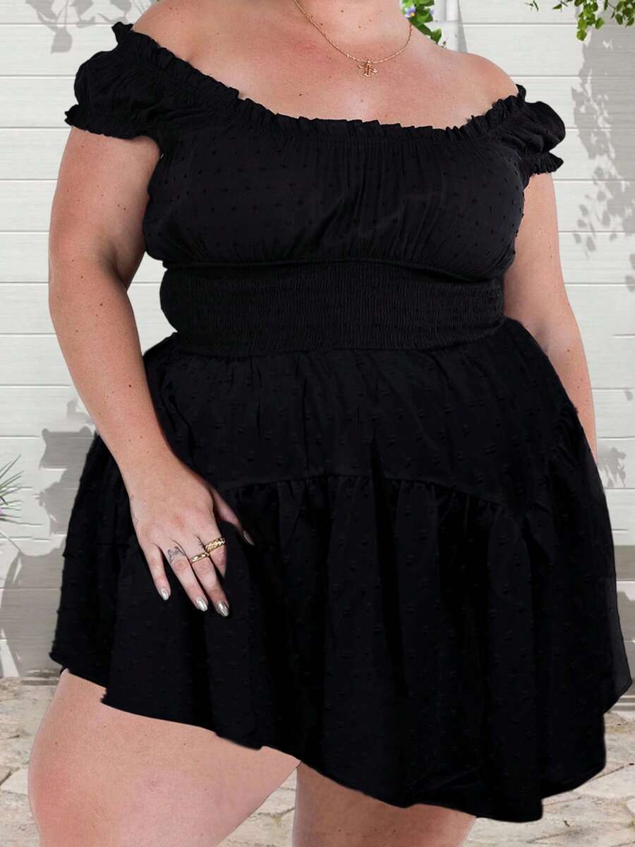 Vestido mini de talla grande para mujer, elegante, de color liso, con volantes, mangas de casquillo fruncidas, para primavera y verano - Negro - Ver 1