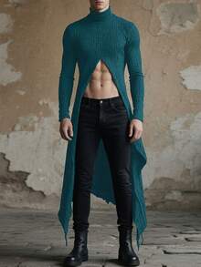 INCERUN Fashion Mens High Neck Long Sleeve Split Asymmetrical T-Shirt Blouse Fall Casual Party Long Shirt Tops - 湖藍色 - 查看 2