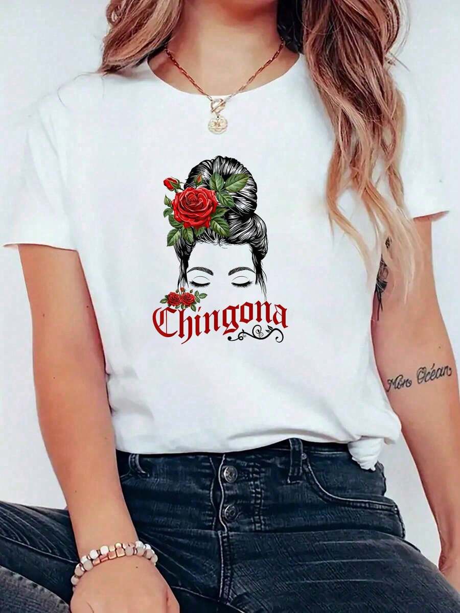 Camiseta unisex de algodón 100% con moño desordenado, chica mexicana, rosa, chingona, Día de la Independencia de México, camisetas gráficas - Camiseta de manga corta impresa - Blanco - Ver 1