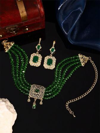 1 套手工摩洛哥风格珠宝套装 - 项链和耳环，镶嵌水钻，适合新娘、婚礼、派对、节日