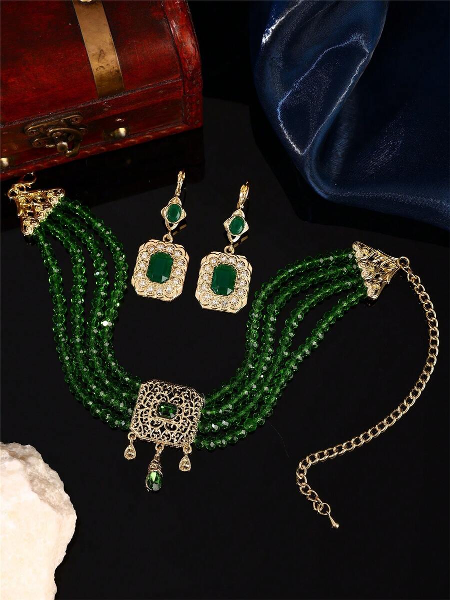 1 套手工摩洛哥风格珠宝套装 - 项链和耳环，镶嵌水钻，适合新娘、婚礼、派对、节日 - 彩色 - 查看 1