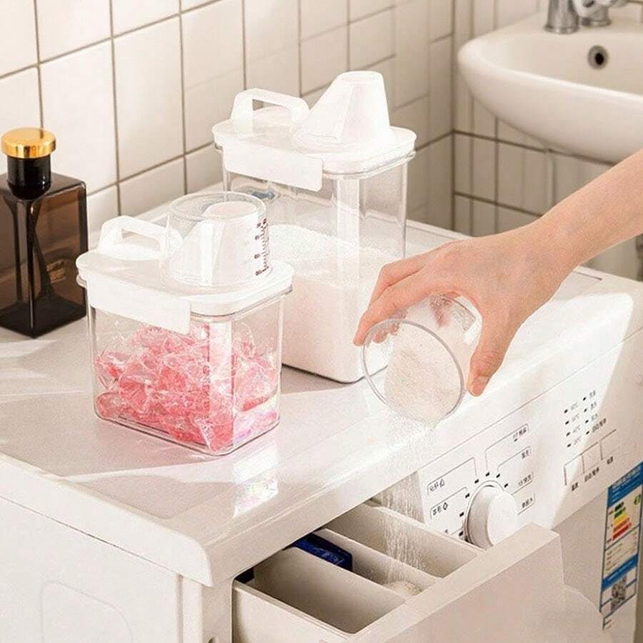 1 pièce Boîte de rangement pour la lessive multifonctionnelle en acrylique transparent, distributeur de détergent avec tasse de mesure, corps de conteneur transparent, conception à double joint, large ouverture pour un remplissage facile, bocal de rangement pratique pour la maison - Blanc - Voir 1