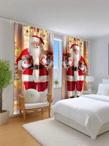 2 pièces Rideaux imprimés avec Père Noël et boîte-cadeau, rideaux décoratifs minimalistes à demi-transparents, rideaux en polyester légers offrant de l'intimité, convenant pour la décoration de Noël dans la chambre, le salon, le bureau, le bureau d'étude, la décoration d'intérieur