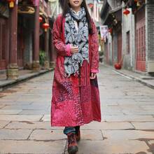 LUZU JUNU Women's Trench Coat Floral Print Long Cotton Linen Jacke Cottagecore Clothing Patchwork Outwear Bohemian Unique - Rose - 查看 8